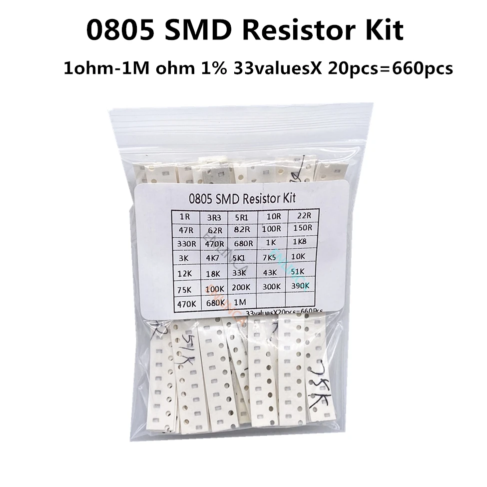 0805 SMD Резистор Комплект Асорти Комплект 1 Ом-1 M Ω 1% 33valuesX 20 бр. = 660 бр. Набор от проби