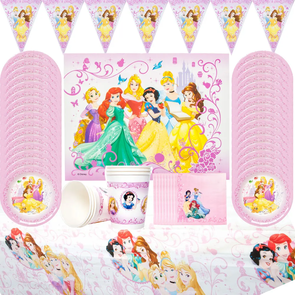 1 Комплект Disney Princess Тема Прибори За Еднократна Употреба Чиния Флаг Комплект Кърпички За Момичета Рожден Ден Детски Душ Украса За Доставка