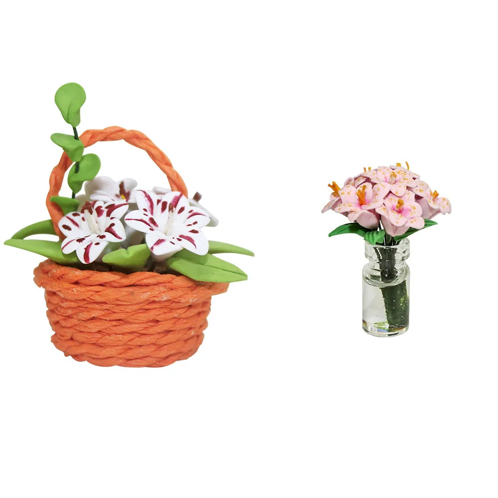 2 елемента Куклена Къща Цвете Розов Бял Цвят, Декорация на Градината Малка Цвете Мини Растение В Саксия Модел на Цветето на