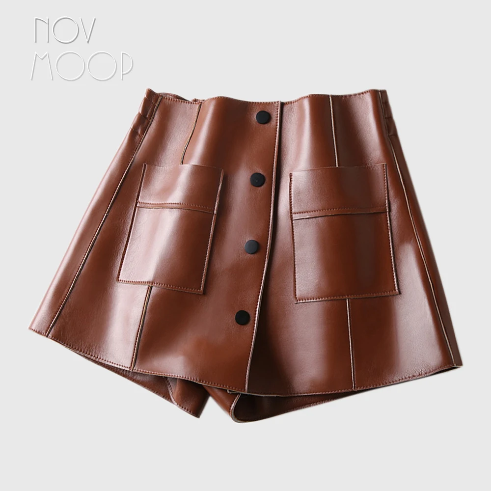 2019 есенни панталони-кюлоты с еластична гумена лента за кръста, пола от естествена кожа с копчета и декорация във формата на джоб от vera pelle LT2781