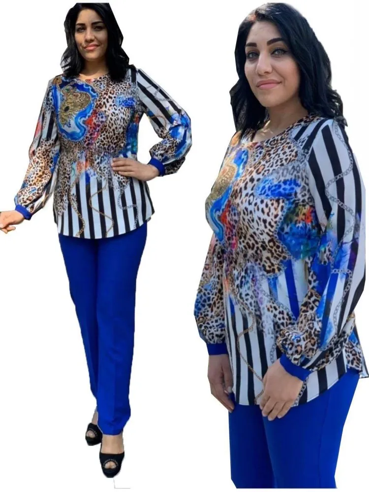2021 Automne Nouvelle Taille Plus Africaine Deux Femmes Pièces À Manches Longues + Pantalon Crayon Mode Costume Imprimé Léopard