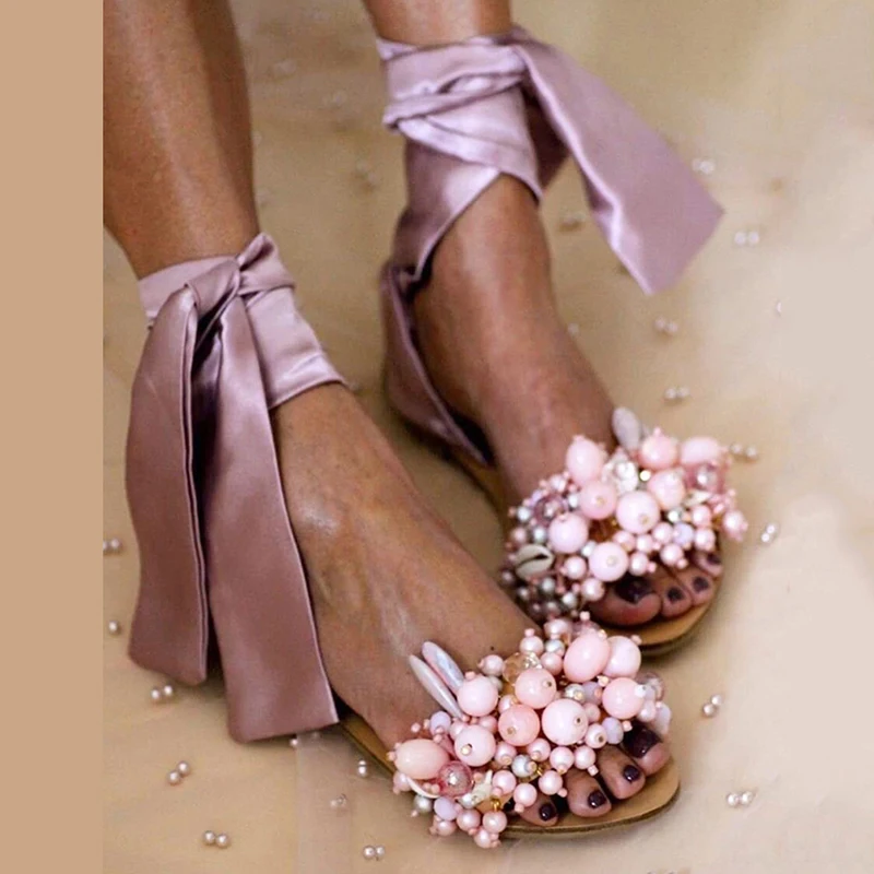 2021 Дамски Сандали с мъниста, каишка за щиколотке, Дамски Плажната Ръчно изработени обувки на плоска подметка с шнур, Дамски Модни обувки, Големи Размери 35-43