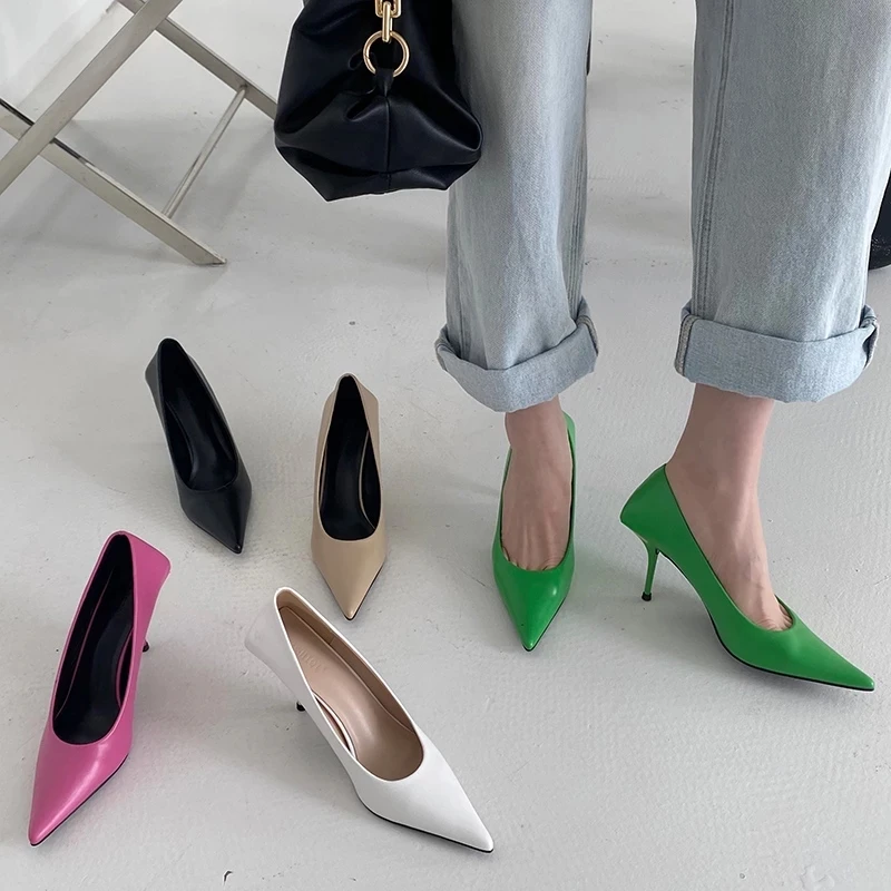2021 Луксозни Дамски обувки-лодка на висок ток 8 см, Офис Дамски Дизайнерски обувки Бял, Зелен, Черен цвят, на токчета, Вечерни Обувки на висок ток за бала