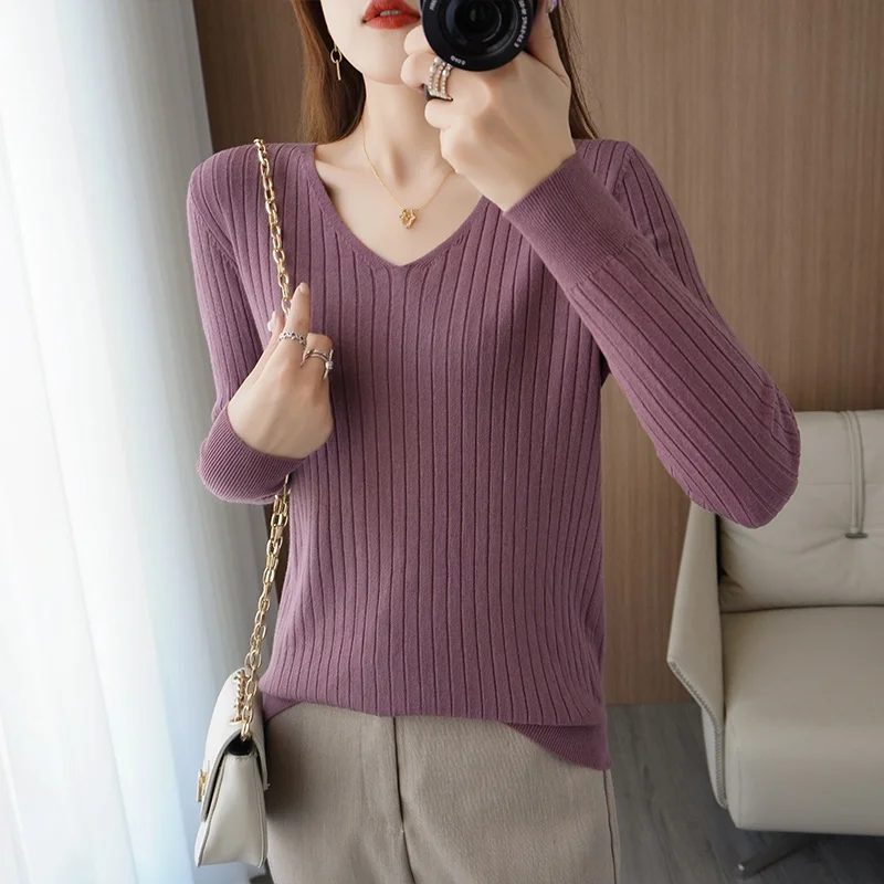 2021 есенно-зимния монофонични вязаный пуловер с V-образно деколте, темпераментна жена самоусъвършенстване, универсални къса пуловери, спускане