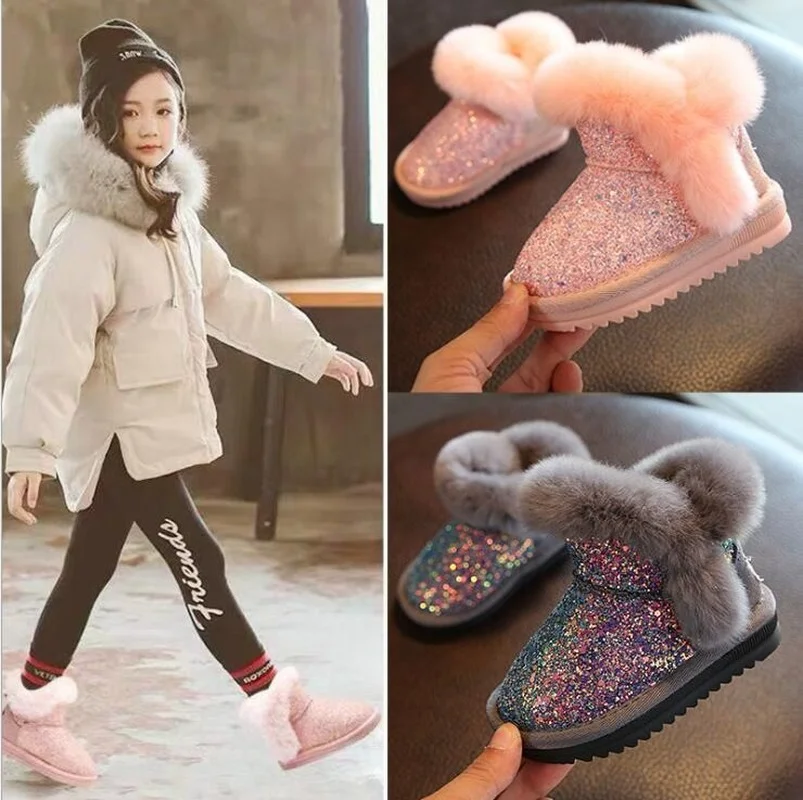 2022 Детски Зимни обувки За момичета, топли обувки на кроличьем меху, Детски Памучен Спортни Обувки, модни Обувки Принцеса от естествена Кожа с пайети