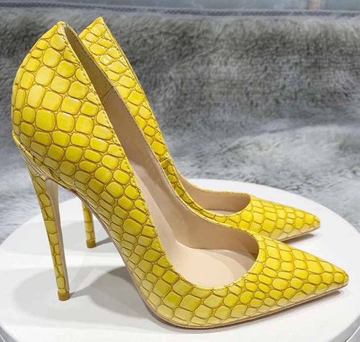 2022 Жълти Мат дамски, класически обувки-лодка с остри пръсти и Принтом, Чубрица луксозни обувки на висок ток 12 см обувки с високи токчета, Лятна Сватба...