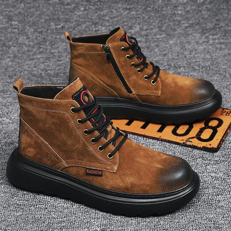 2022 Кафяви Висококачествени мъжки Обувки от естествена кожа, мъжки обувки на платформа, есенно-зимна мъжка работна обувки на меху, hombres botas