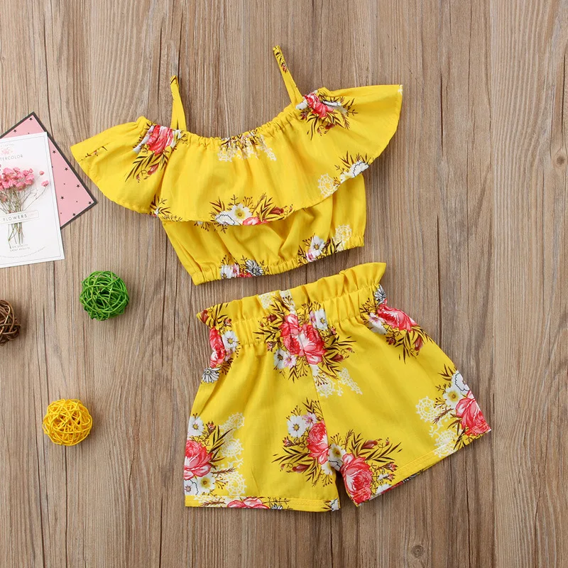 2022 г., тениска с флорални принтом за малки момичета + шорти, Комплект летни ежедневни облекла от 2 теми, Модерен детски комплект TZ050