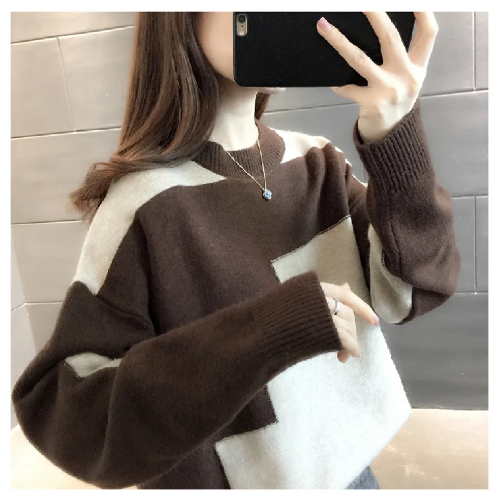 2022 голям женски пуловер есен зима геометричен вязаный жилетка дамски базова риза случайни вязаный топ