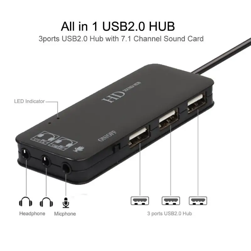 3-Портов USB Хъб с Външната на 7.1-канална Звукова карта, Адаптер за Слушалки, Микрофон, USB Възел 2.0 за Преносими КОМПЮТРИ