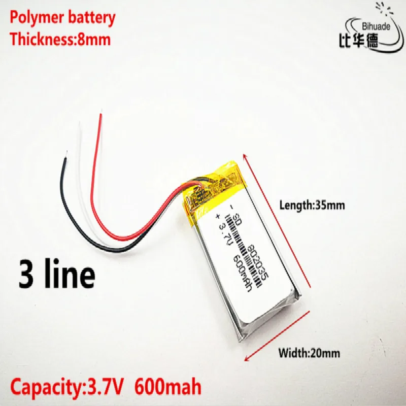 3 линия с добро качество 3,7 В, 600 ма, 802035 Полимерна литиево-йонна/литиево-йонна батерия за ИГРАЧКИ, POWER BANK, GPS, mp3, mp4