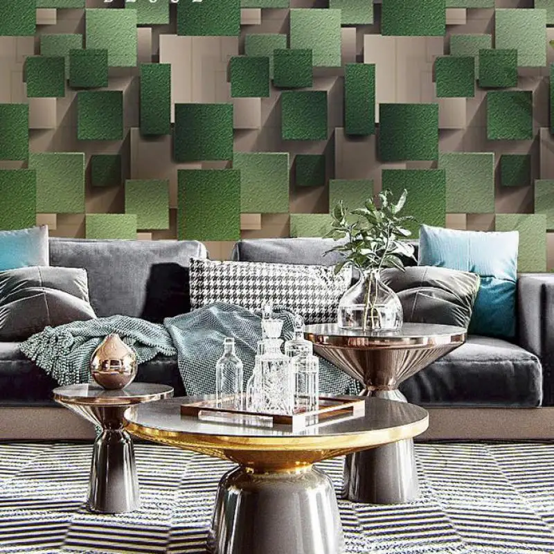 3D релеф сиво-зелени решетки от еленова кожа кожа, кадифе, нетъкан геометрични тапети за хола, модерна декорация за дома, ролка