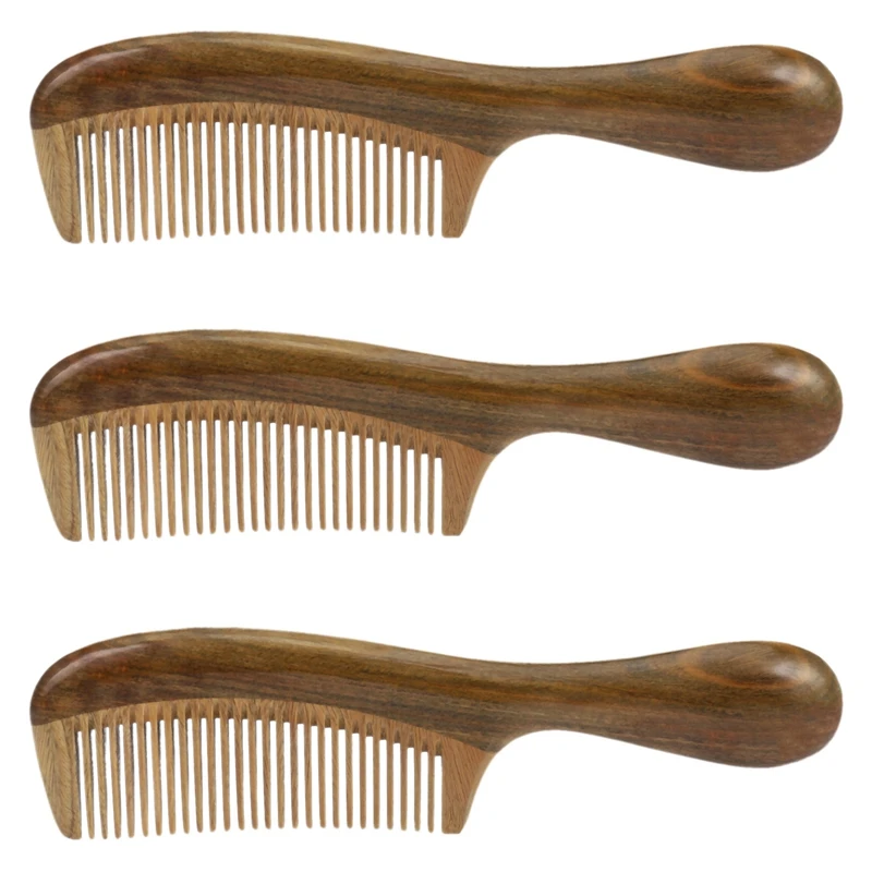 3X Гребени за коса с ръчно изработени от естествен зелен сандалово дърво - Антистатическое средство за разнищване на естествена коса с аромат на сандалово дърво (широк зъб)