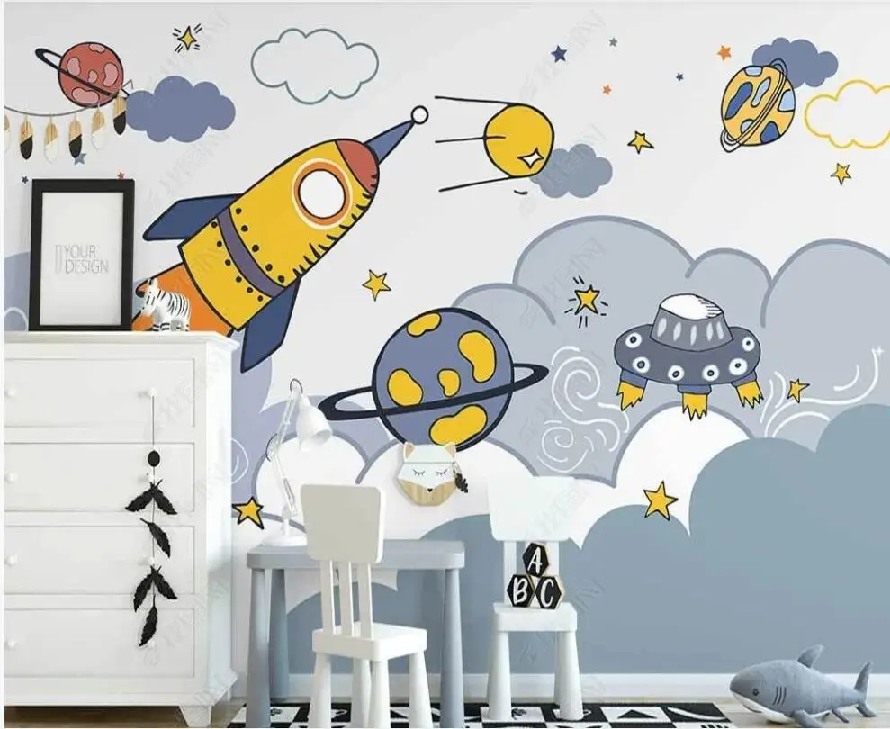 3d тапети за стени, на рула Карикатура ракета космоса на звездното детска стая по поръчка фото тапет на стената 3d начало декор