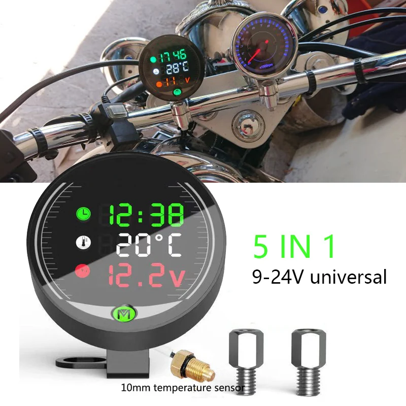 5 в 1 Мотоциклет Измерване на Температурата на Водата USB Акумулаторна Волтметър Време Led Метър за Нощно Виждане със Сензор за Температурата