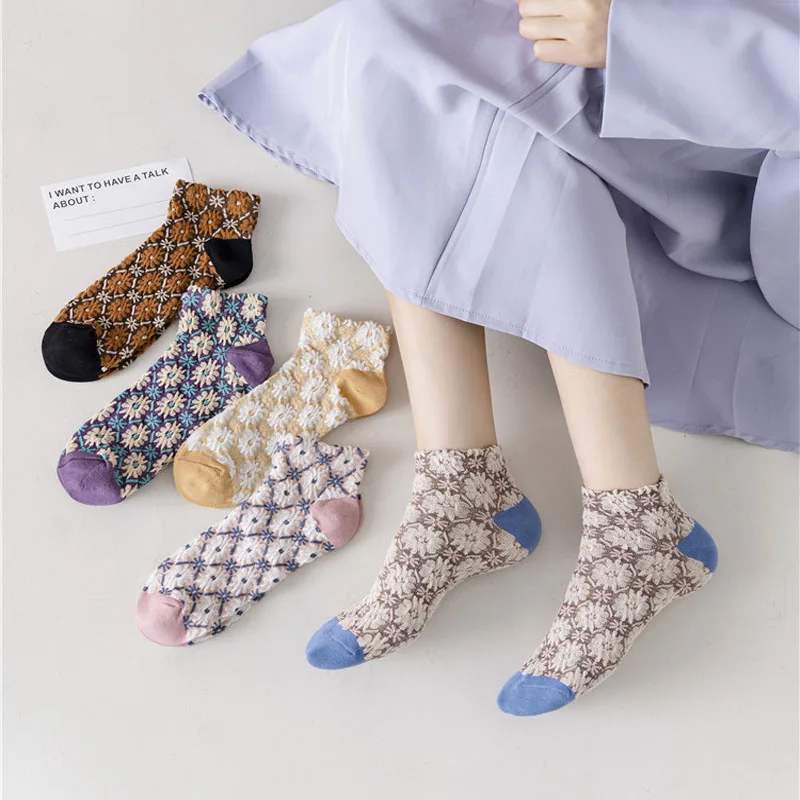5 двойки пролетни женски Чорапи в стил Харадзюку с Бродерия в ретро стил, Кавайные Сладки Чорапи в етнически Стил, в стил Лолита