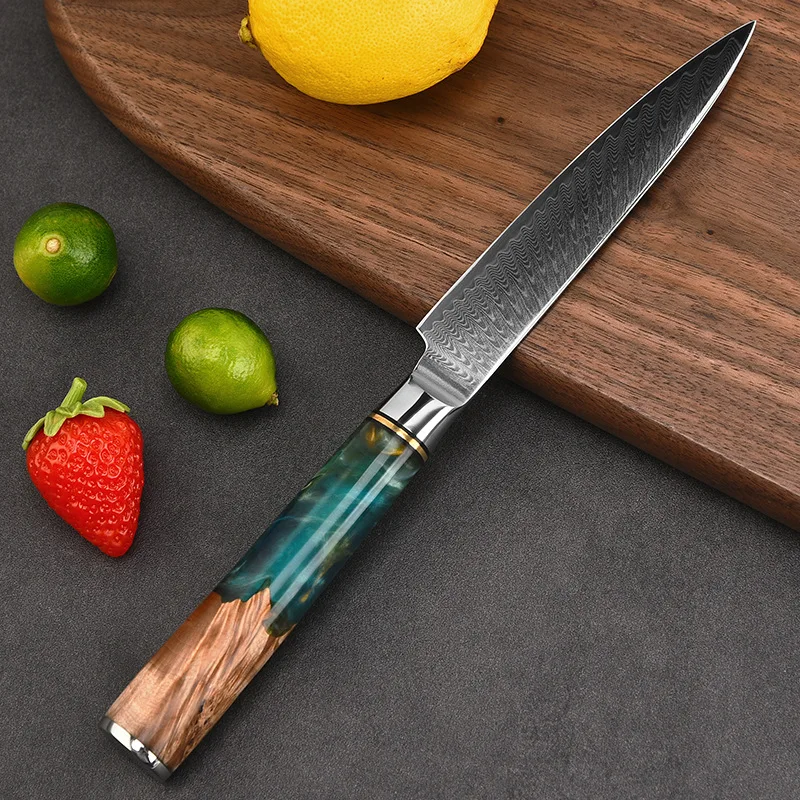 5-инчов многофункционален нож с шарени пера, нож от дамасской стомана, домакински кухненски нож на главния готвач, лесен остър нож за рязане на месо