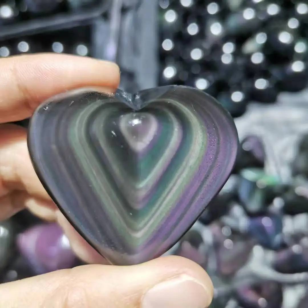 50-60 мм Натурален Дъгата Обсидиан във формата на сърце, скъпоценен камък, резное кристалното сърце