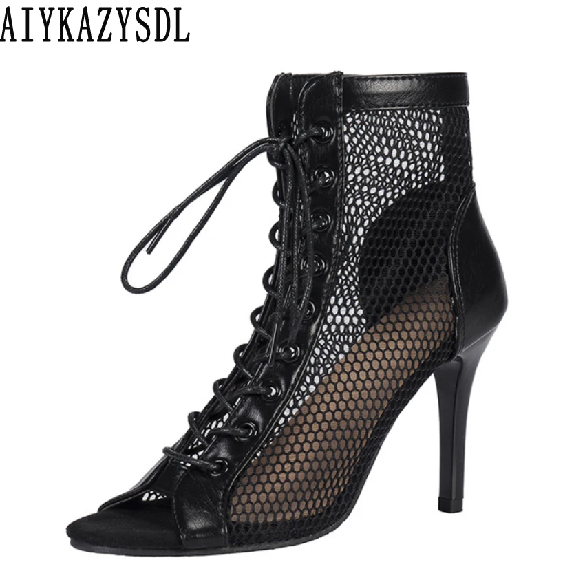 AIYKAZYSDL/дамски Сандали на висок ток 8,5 cm с мрежесто деколте и изрези, Ботильоны, обувки на Висок Ток, летните обувки на висок ток, обувки
