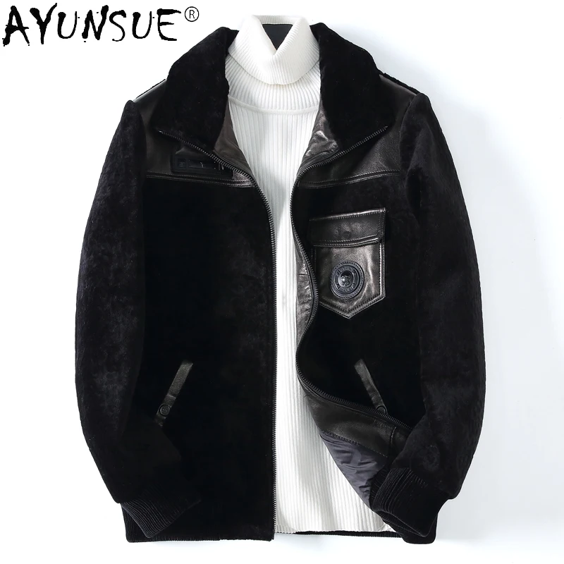 AYUNSUE Палто от Естествена Кожа, Мъжки Ежедневни 100% Яке За Стригане на Овце Мъжки Къси Топли Черни Вълнени Палта Корейската Мода Veste Homme SQQ735