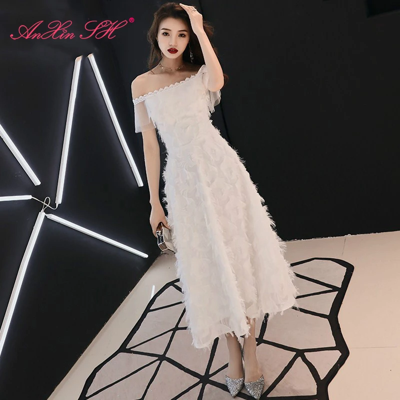 AnXin SH принцеса бяло дантелено вечерна рокля с волани ретро силует на лодка илюзия пера бяла вечерна рокля за малка бяла рокля