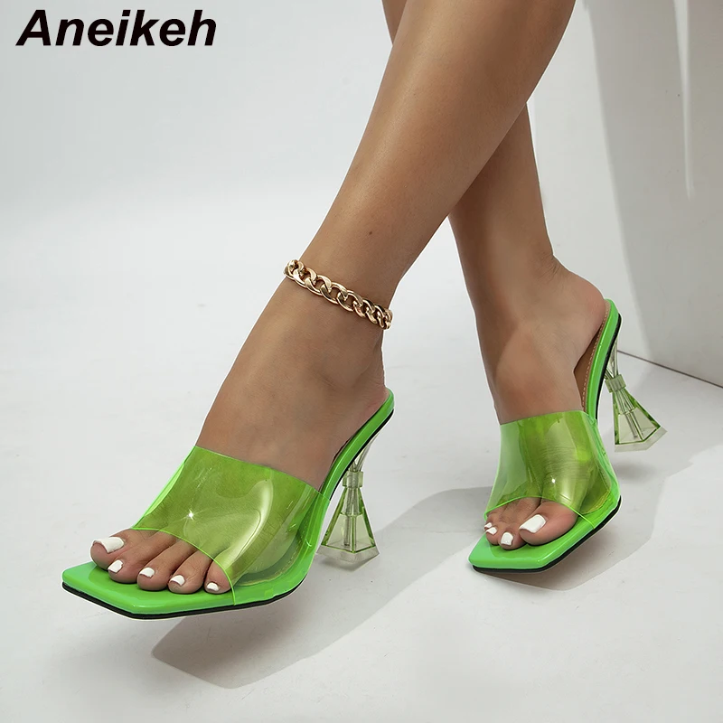 Aneikeh/ Елегантни летни дамски желеобразные обувки от PVC На висок Ток, улични плажни Джапанки-джапанки, дамски Чехли с Квадратни пръсти, лаконичен, Пастели