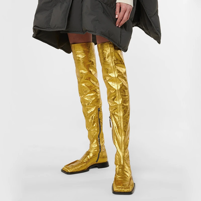 Arden Фуртадо/2022 г. Есенно-зимните Модни дамски ботуши до бедрото, от естествена кожа, с квадратни пръсти на нисък ток Модни обувки с цип