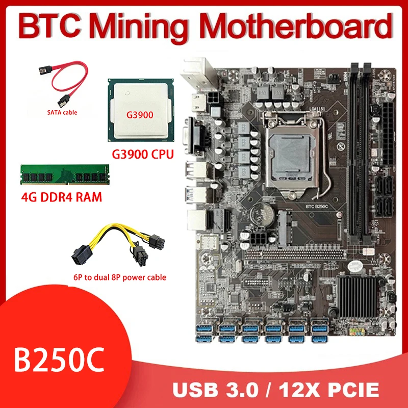 B250C 12USB3.0 (PCIE 1X) дънна Платка за майнинга БТК + процесор G3900 + Оперативна памет 4G DDR4 + Кабел SATA + захранващ Кабел Слот LGA1151 DDR4 MSATA + VGA