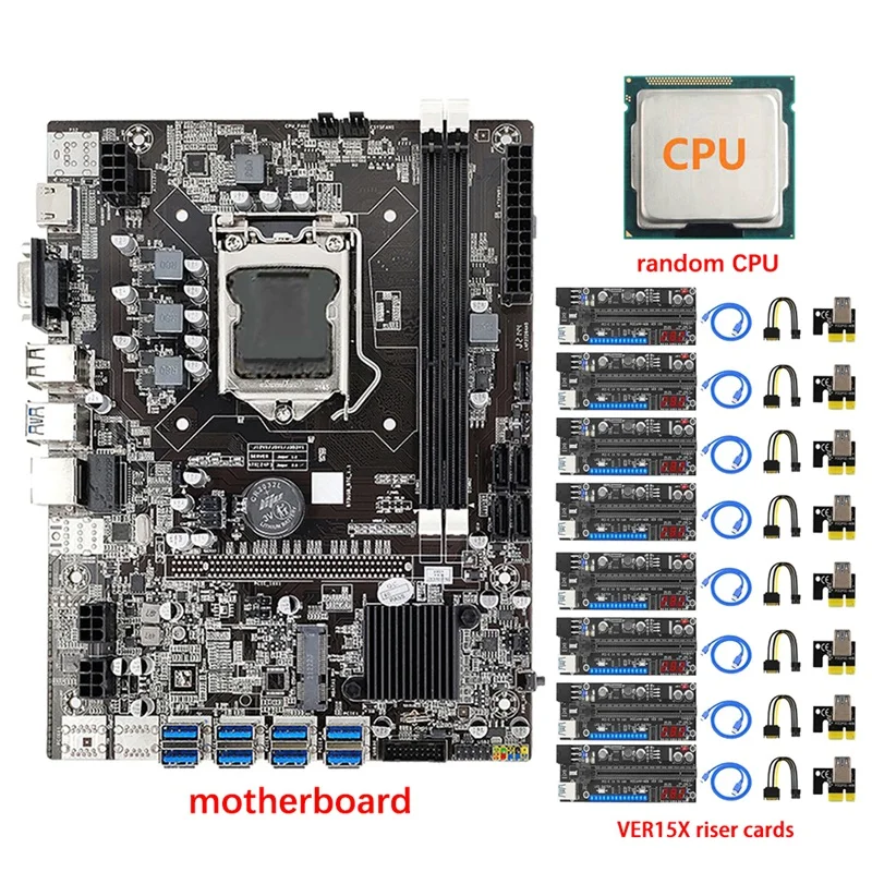 B75 8 GPU дънната Платка за майнинга + процесор + 8X VER15X Странично Card 8 USB3.0 до PCIE 1X Слот LGA1155 DDR3, SATA3.0 За БТК/ETH