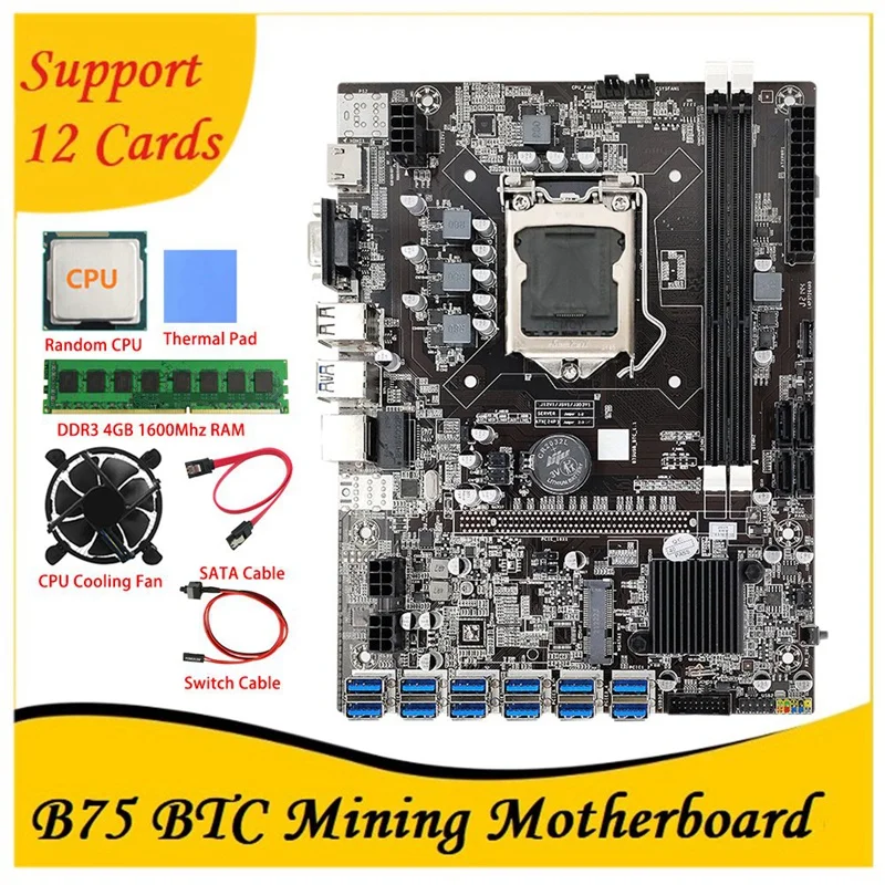 B75 дънна Платка за майнинга ETH 12 PCIE към USB с кабел SATA + Fan охлаждане + 4 GB DDR3 1600 Mhz Оперативна памет LGA1155 B75 БТК Миньор Майнинг