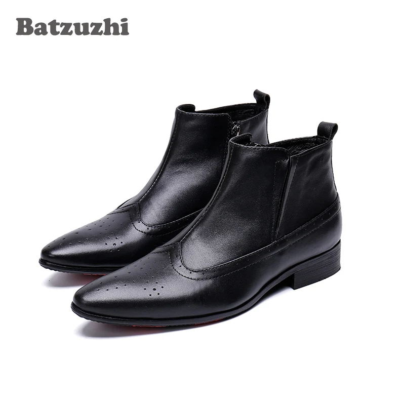 Batzuzhi/Есента Луксозни мъжки обувки; черни меки обувки от естествена кожа с остри пръсти; мъжки Къси Ботильоны в бизнес стил; botas hombre; Големи Размери