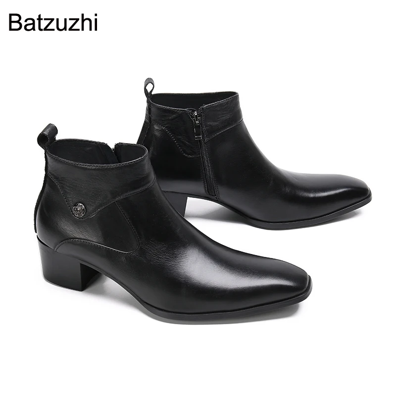 Batzuzhi/ мъжки черни Кожени ботуши до глезена на висок ток 6 см, с остри пръсти, с цип, мъжки бизнес обувки, 38-47！