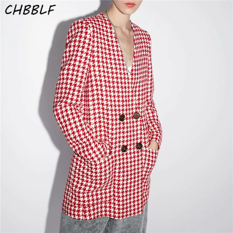 CHBBLF женски елегантен карирани блейзър в клетка с V образно деколте и дълги ръкави в клетката, палто с джобове, дамски офис облекло, модни блузи BGB9559