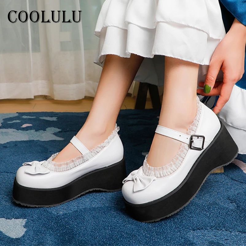 COOLULU/Дамски обувки Mary Janes На платформа и висок ток с лък танкетке; обувки-лодки в стил 