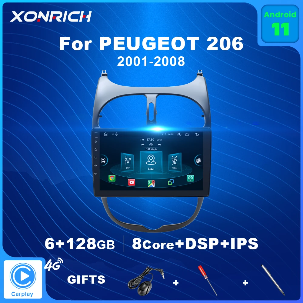 Carplay 6 GB 128 GB Android 11 Авто Радио Мултимедиен Плеър За Peugeot 206 2001-2008 2Din GPS Навигация DSP Авторадио 360 Камера