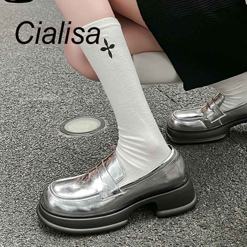 Cialisa/2023 г. Пролетно дамски Обувки на плоска подметка с кръгло бомбе От естествена Кожа, Ежедневни Дамски Обувки На Дебелите Ток, Нови Лоферы на Платформата, Сребрист