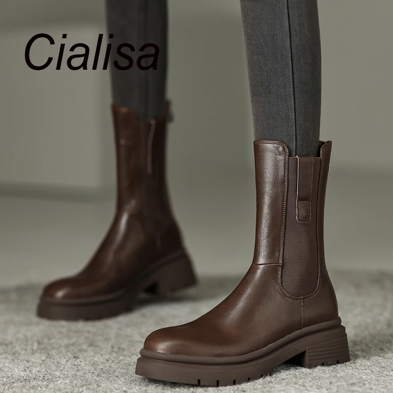Cialisa/ново записване, Ботуши до средата на прасците, дамски Еластични обувки с кръгло бомбе Ръчно изработени средно ток 4 cm, есенно-зимни обувки, Черни, кафяви, Големи Размери 42