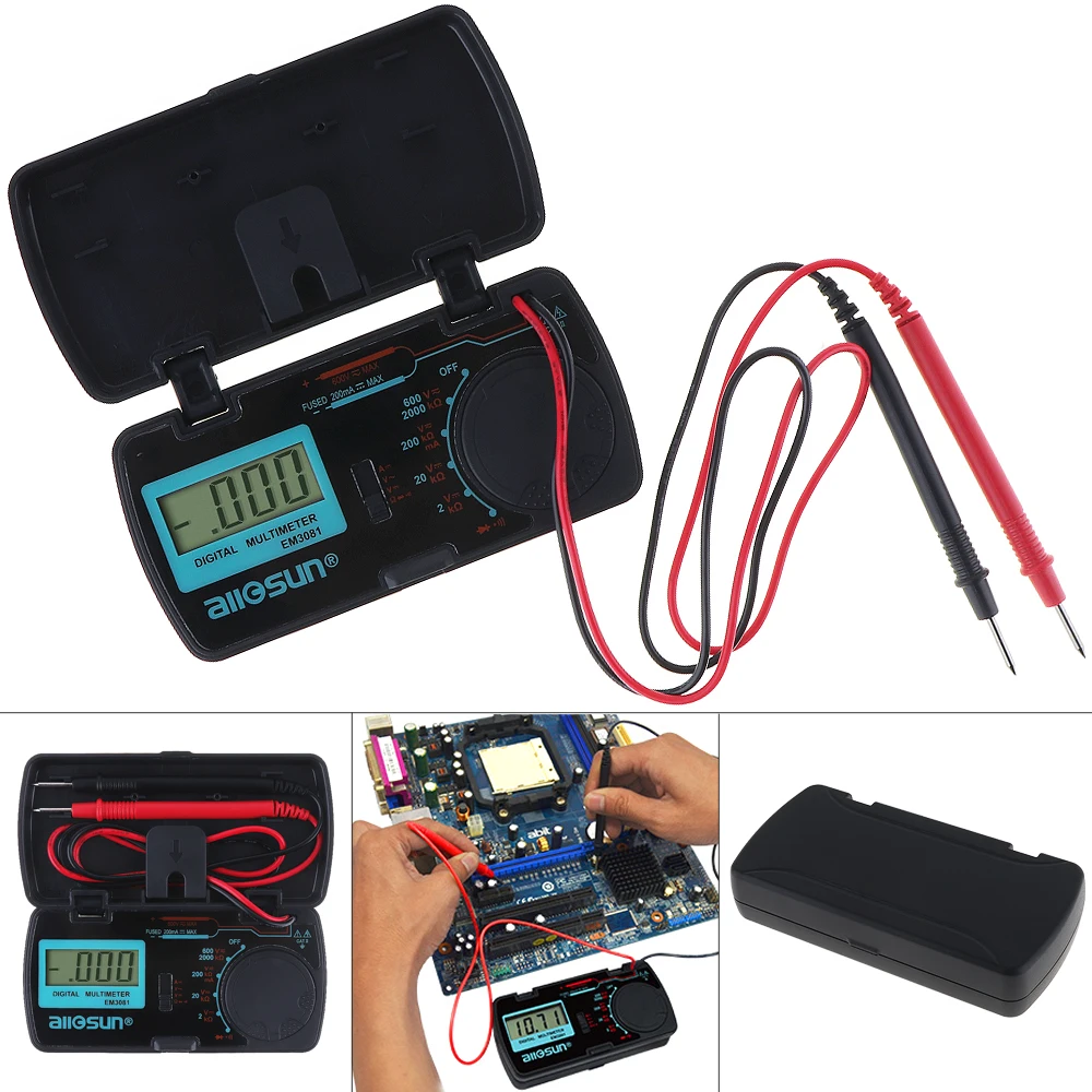 EM3081 Мини LCD Дисплей на Цифров Мултицет с един Чифт Тестови Дръжки за Измерване на постоянно променливо напрежение и постоянен ток/Съпротивление