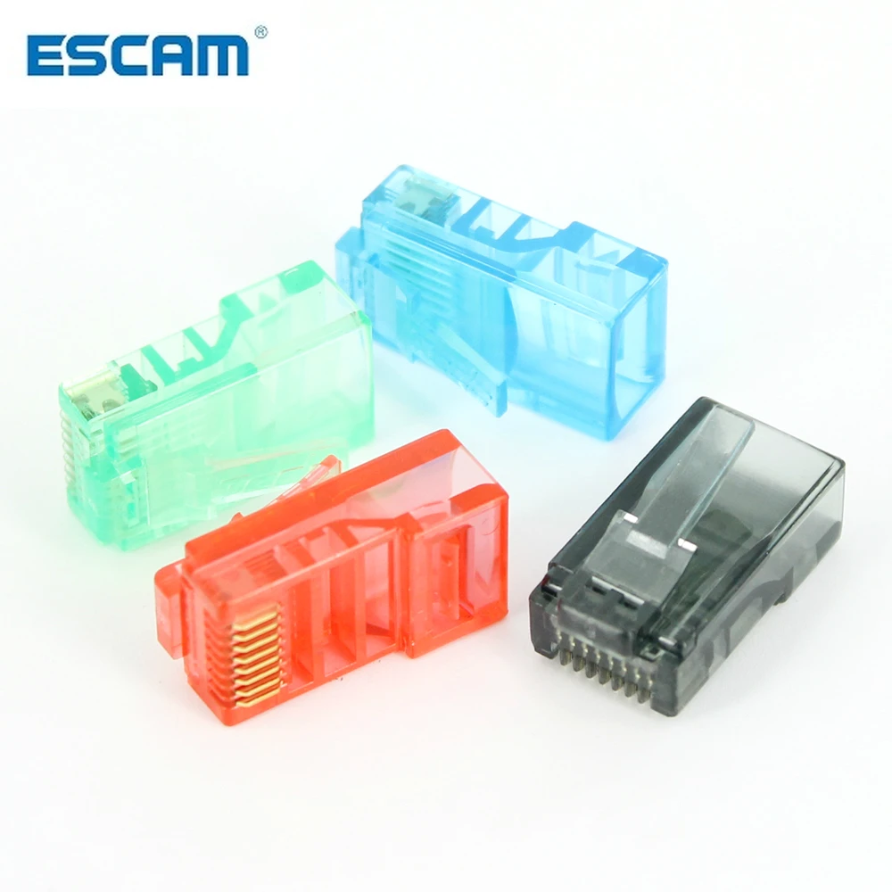 ESCAM 50 бр./лот RJ-45 Ethernet Кабели Модулни Вилица Мрежов конектор RJ-45 Кристални глави Cat5 Цвят Cat5e Позлатен Кабел