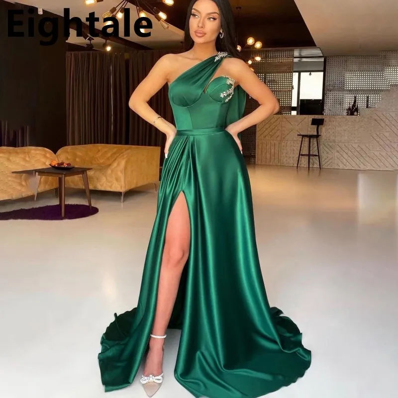 Eightale 2022 Изумрудено-зелена Вечерна рокля Трапецовидна форма с Аппликацией На едно рамо, секси Вечерна Рокля за Абитуриентски бал с цепка отстрани, Дубай Халат Soirée Femme