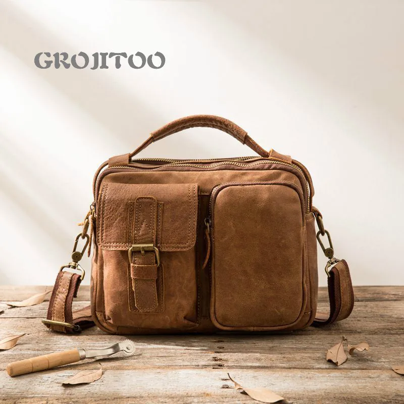 GROJITOO Нова чанта ръчна изработка с кожена наплечником за мъже и кожена чанта през рамо за мъже, мъжки чанти от естествена кожа