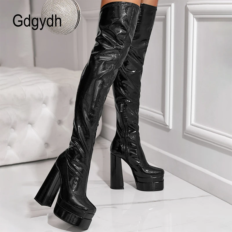 Gdgydh / дамски ботуши над коляното на платформа и блок Ток, стегнати Високи ботуши с цип с Кръгло Бомбе, зимните обувки от лачена кожа в готически стил в стил пънк
