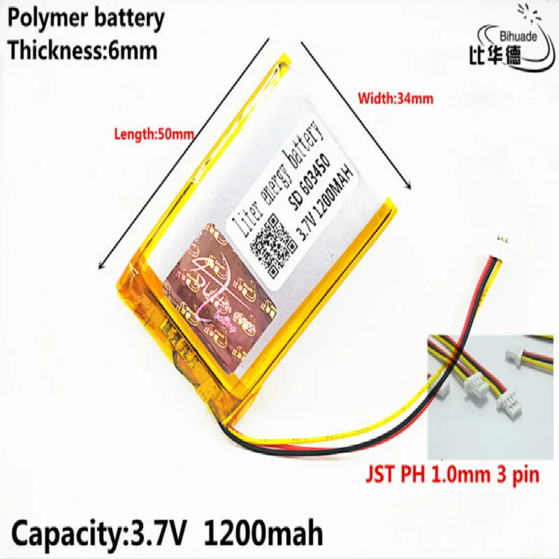 JST PH 1.0 mm 3-пинов литров батерия 3,7 В, 1200 mah 603450 Полимерна литиево-йонна/Литиево-йонна батерия за таблети, GPS, mp3, mp4