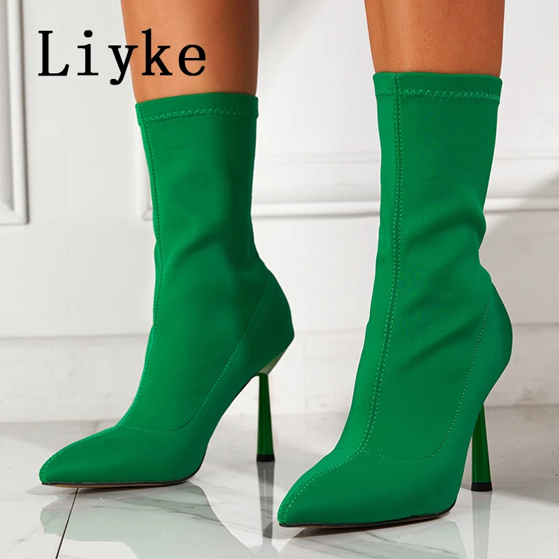 Liyke/2023, есенни зелени Ботильоны от еластична тъкан, Модни дамски Чорапи без Обков с остри пръсти, Обувки, Дамски обувки на Тънък Висок ток