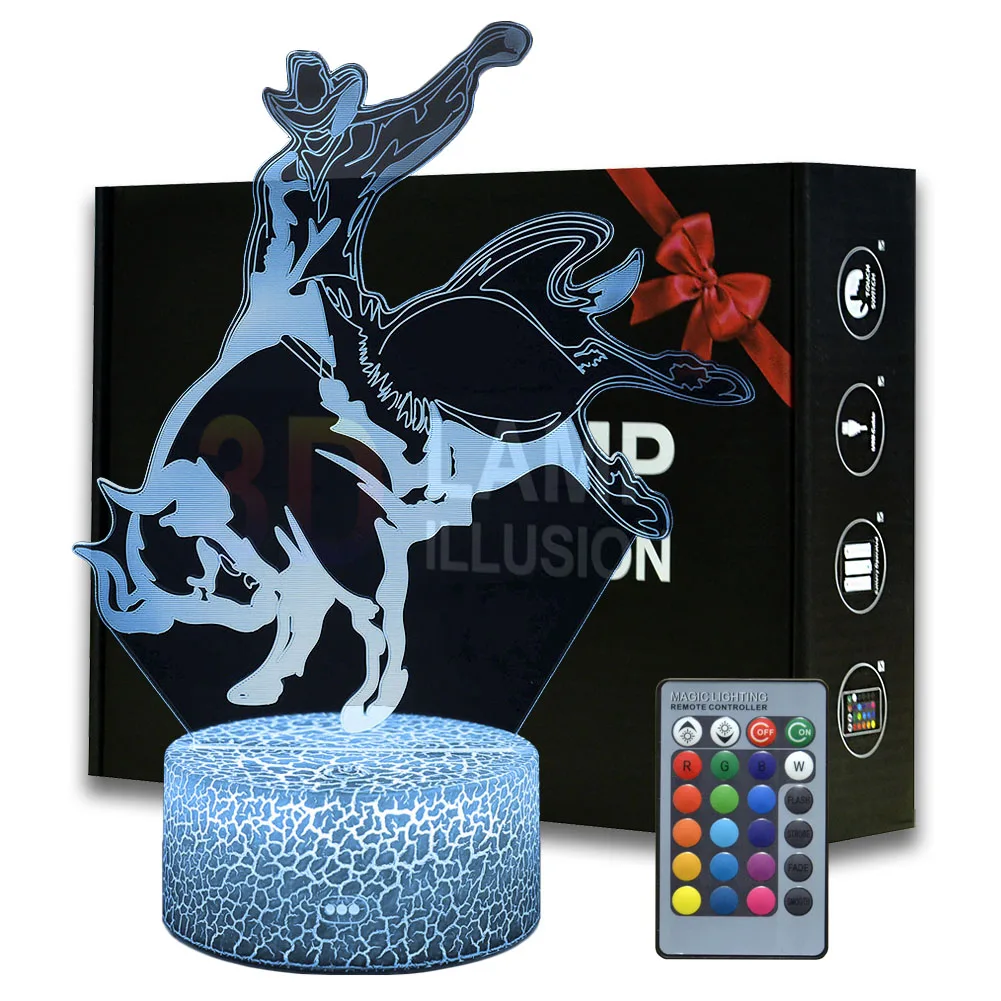 Magiclux Ново Осветление 3D Илюзия Led Лампа Bull Riders Модел Нощни осветителни Тела За Украса на Детска Спални Творчески Подарък Лампа
