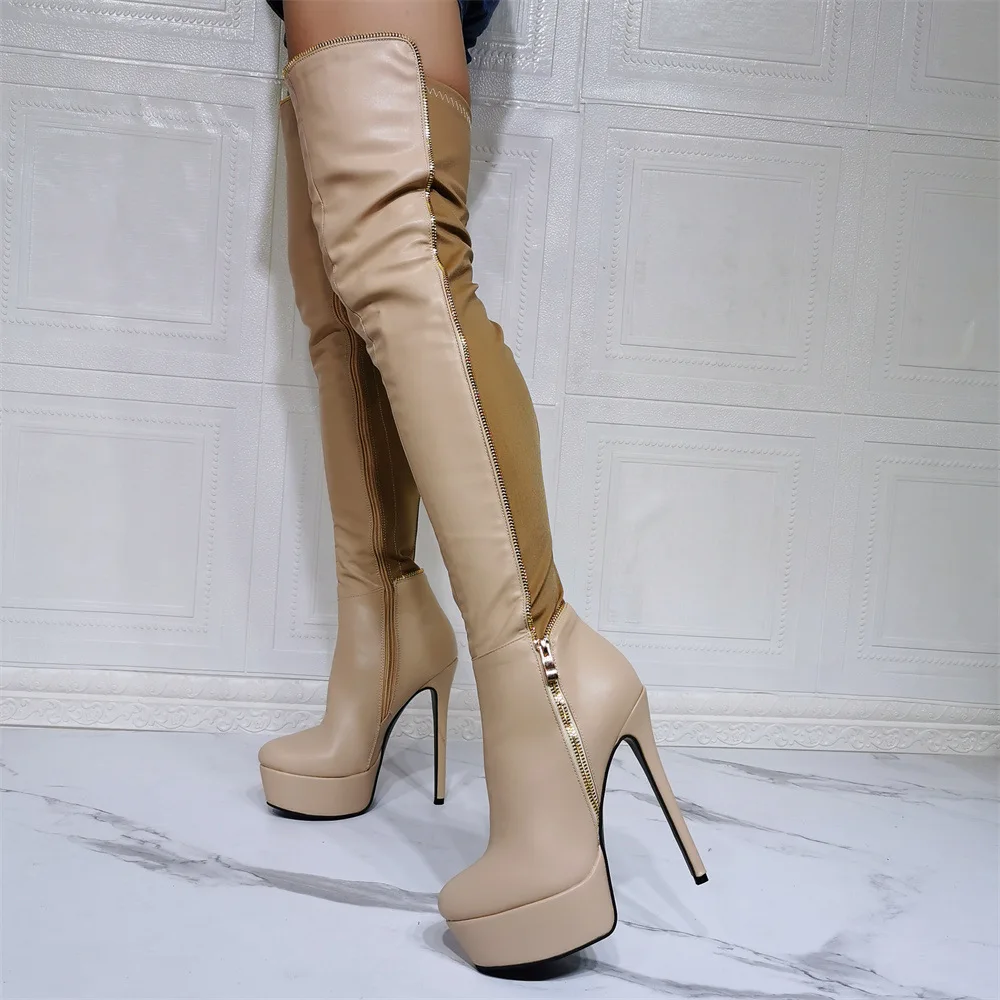 McNabney/ Новост 2022 г.; Дамски високи кожени ботуши на платформа и висок ток над коляното с страничния цип; Обувки на висок ток; Размер на 36-47
