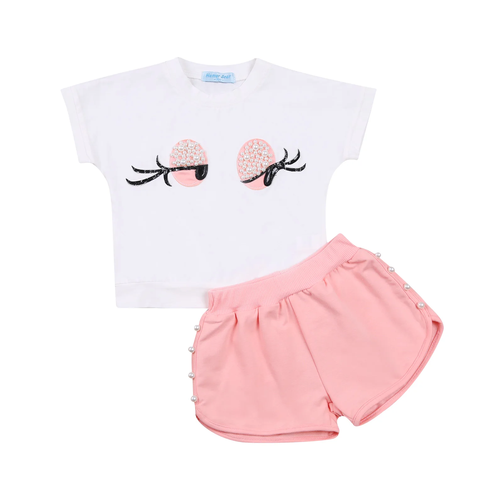 OPPERIAYA/ Сладък комплект ежедневни облекла от две части за малки момичета, бели тениски с Къс ръкав и кръгла Яка и Принтом, Розово-сиви обикновена шорти