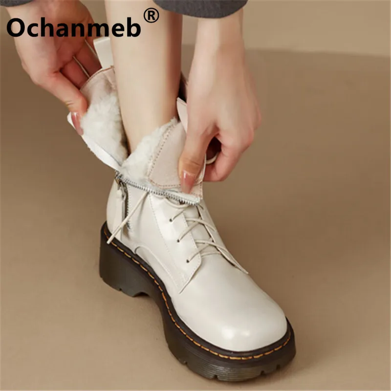 Ochanmeb/Дамски обувки Martins от естествена Телешка кожа; топли обувки с сирене Козина и вълна вътре; Ботуши с цип дантела; дамски студена зимна Руното обувки 42