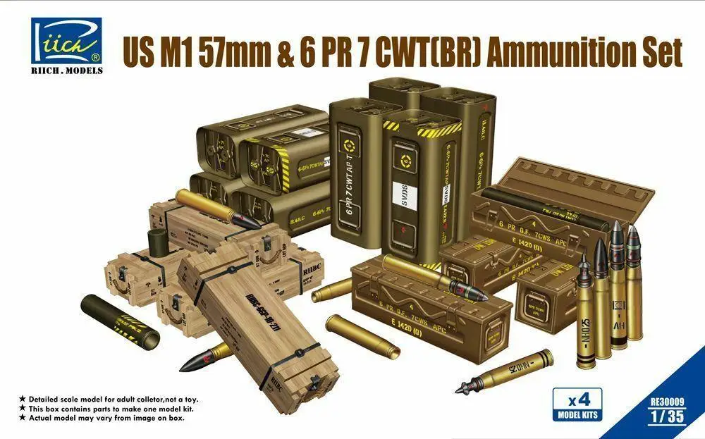 Riich Models RE30009 1/35 Мащаб US M1 57 мм и 6 PR 7 CWT (BR) Комплекта боеприпаси Модел комплект