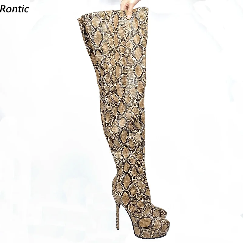 Rontic/дамски зимни ботуши до бедрата на платформата Унисекс с змеиным модел, чубрица обувки на висок ток с кръгла пръсти, красиви кафяви вечерни обувки, размер САЩ 5-20